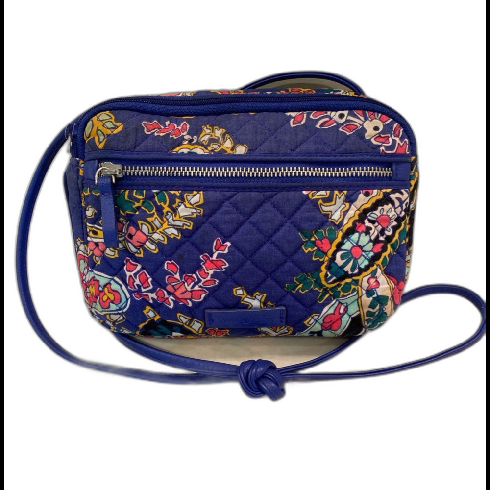 Vera Bradley Crossbody Bag Blue Floral Purse Outside Pocket 3 Credit Card Slots
